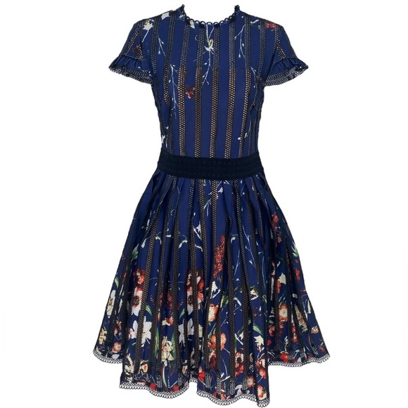 foxiedox Dress Womens Large Blue Bryonia Mini Floral Print Cap Sleeve Lace Party - Picture 1 of 16